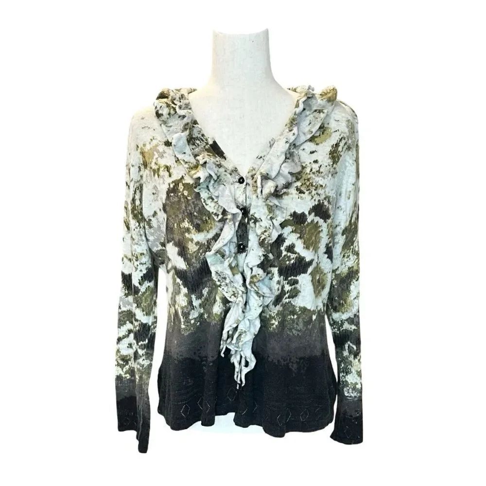Women's Long Sleeve Button-Up Cardigan Ruffle Detail Greens/Beige Size XL